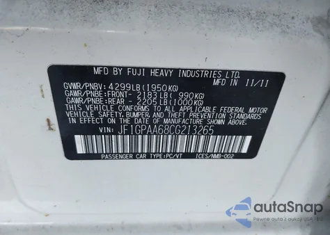 2012 Subaru Impreza 2.0I from USA, damaged, VIN JF1GPAA68CG213265